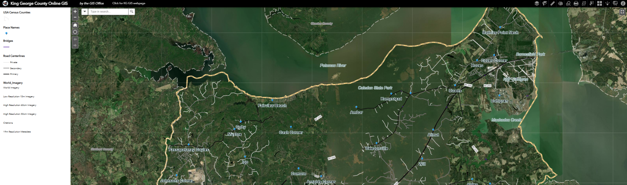 Map of King George with column on the left with layer options