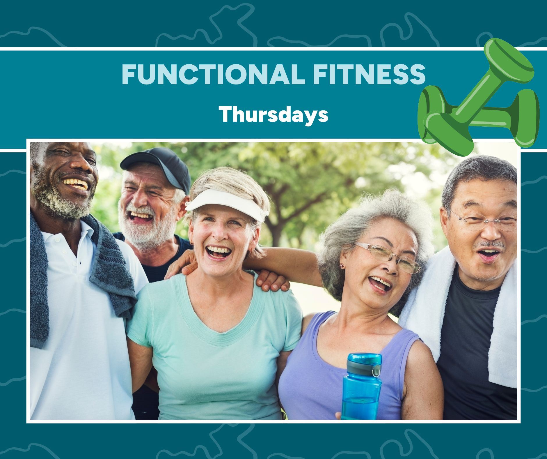 5 senior citizens smiling with workout clothes on