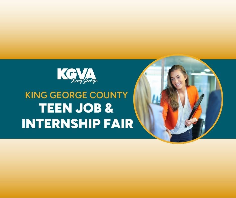 Blue rectangle with Teen Job & Internship Fair with a circle photo of girl shaking hands