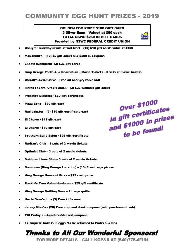 2019 Community Egg Hunt Prizes
